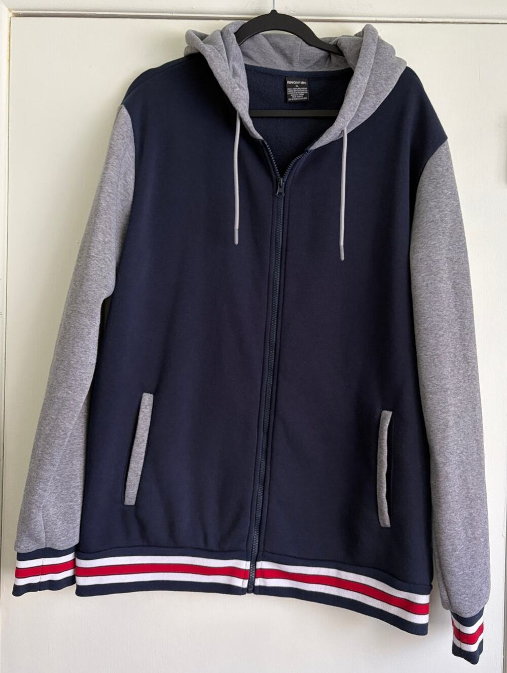 Ring of Fire Varsity Colorblock Zip Up Hoodie Navy Blue Gray Men's XL